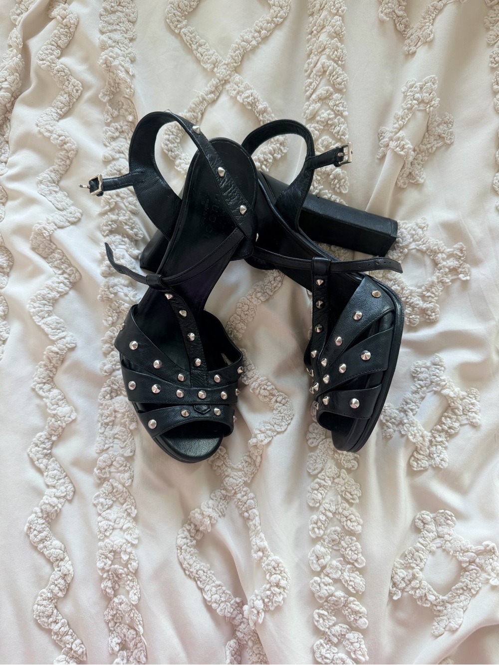 Gucci Black Studded Leather Block Heel Sandals